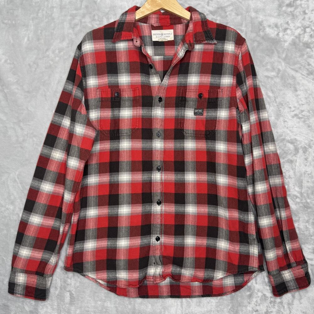 Ralph Lauren Denim & Supply Shirt Mens Large Red Black Plaid Flannel Cotton